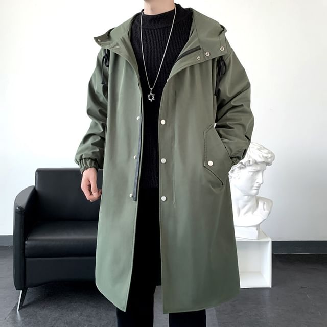 YIKES-Hooded Button-Up Long Trench Coat