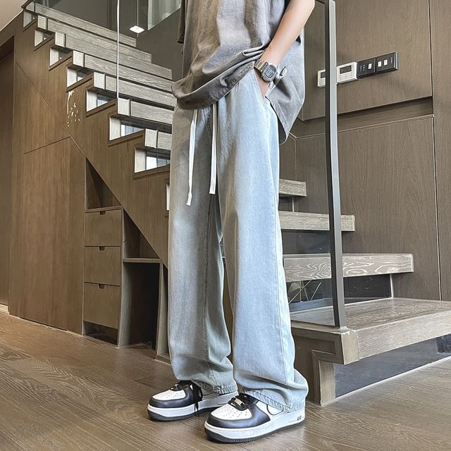 Wolfkane-Drawstring Waist Washed Loose Fit Jeans