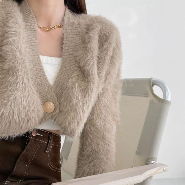 INEN-V-Neck Plain Fluffy Crop Single-Button Cardigan