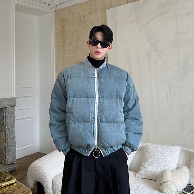 Orungeetun-Stand Collar Zip-Up Denim Puffer Jacket