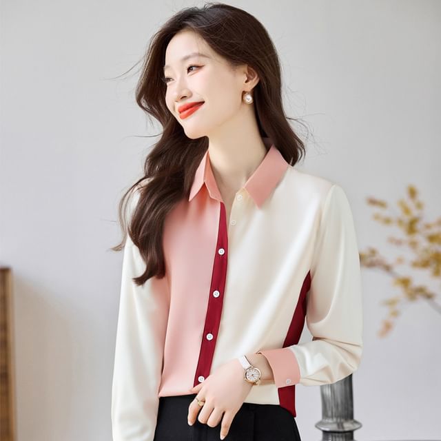 Dragan Pulse-Long Sleeve Collared Color Block Shirt