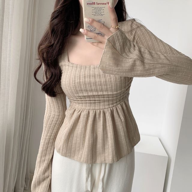 トップス BELL SLEEVE KNIT TOPS Catamin - Bell-Sleeve Square Neck Plain Ribbed Babydoll Knit
