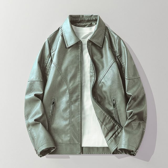 Dandyluxe-Collared Plain Zip-Up Faux Leather Jacket