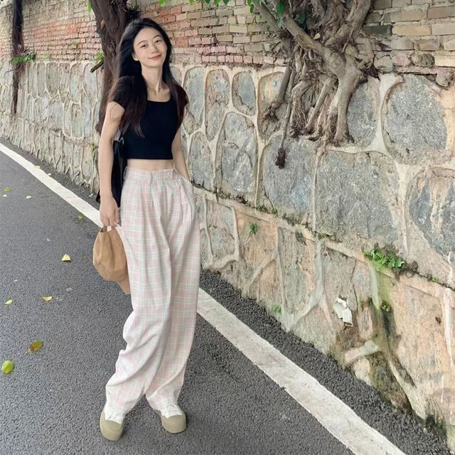 high waisted plaid dress pants High Waist Plaid Bootcut Stretch Dress Pants Brown