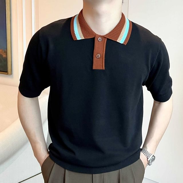 Naideth-Short-Sleeve Striped Collar Knit Polo Top