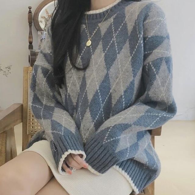 FR-Round Neck Argyle Sweater