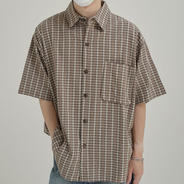 DAZO Studios-Short Sleeve Lapel Collar Plaid Shirt