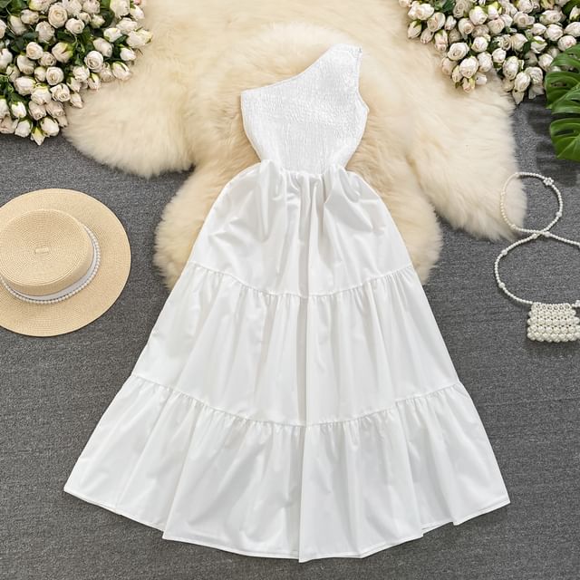 Yearnin - One-Shoulder Plain Smocked Midi A-Line Tiered Dress | YesStyle Yearnin - One-Shoulder Plain Smocked Midi A-Line Tiered Dress | YesStyle