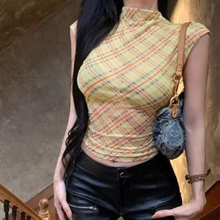 Everose-Sleeveless Mock Neck Plaid Crop Top