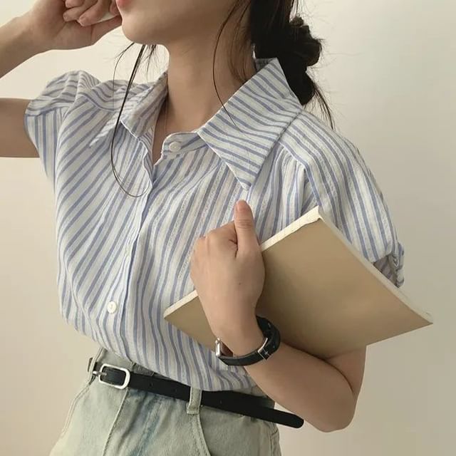 Bigfol-Short-Sleeve Collared Striped Button-Up Blouse