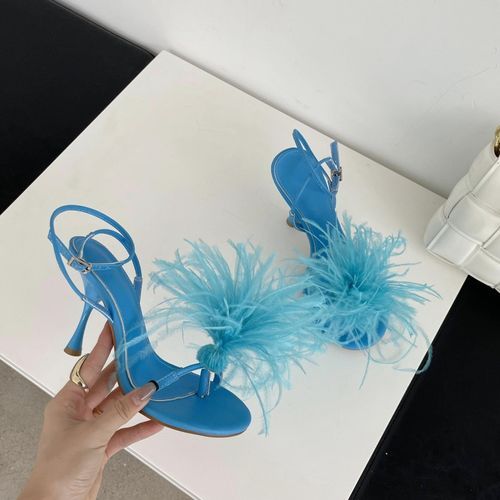 Women's Black Faux Feather Tie Leg Heeled Sandals | Ally Fashion