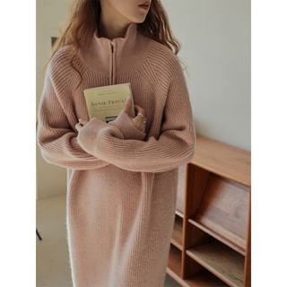 Rorah Long-Sleeve Stand Collar Plain Half Zip Ribbed Midi A-Line Sweater Dress Sale