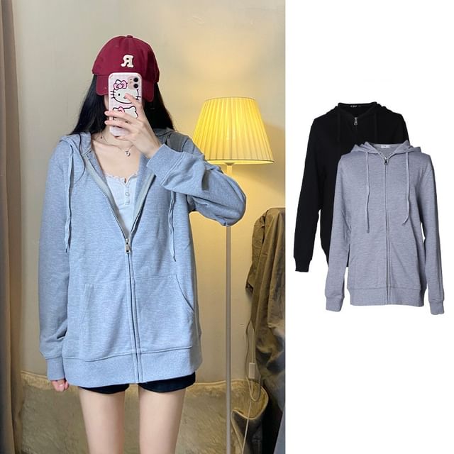 Woohan-Plain Zip-Up Hoodie