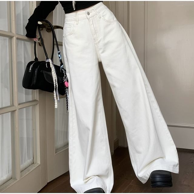 Trendycas-Mid Rise Plain Wide Leg Jeans