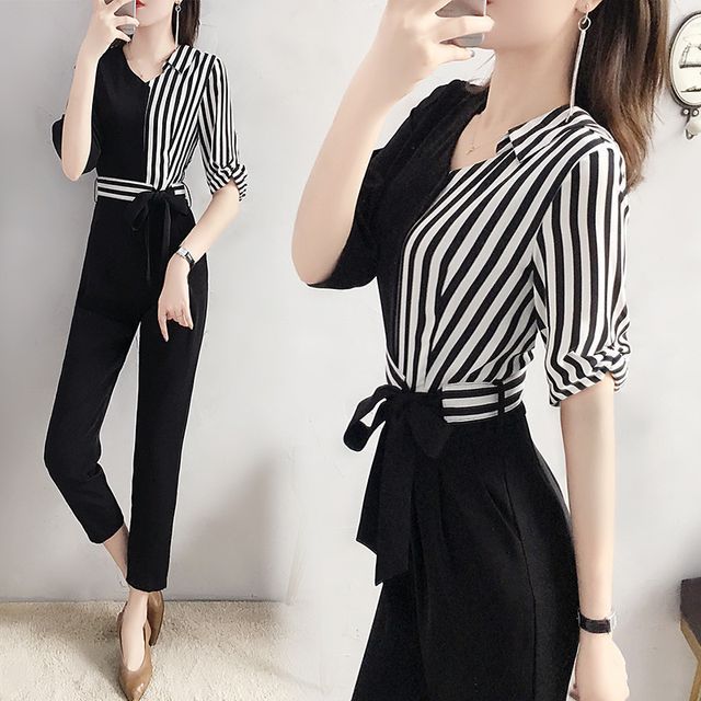 malabar - Elbow-Sleeve Striped Paneled 
