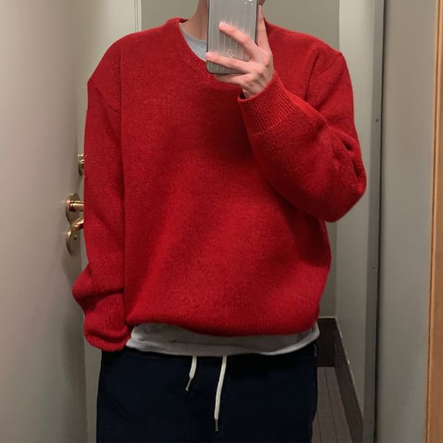 Okwano-Crew Neck Drop Shoulder Plain Oversized Sweater