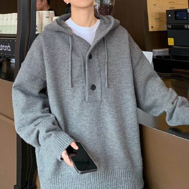 Trimecca-Hooded Plain Henley Oversized Sweater