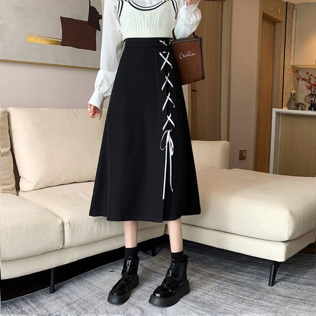 Sienne-Lace-Up Midi A-Line Skirt