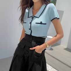 DABAGIRL - Collared Buttoned Ringer Knit Top DABAGIRL - Collared Buttoned Ringer Knit Top
