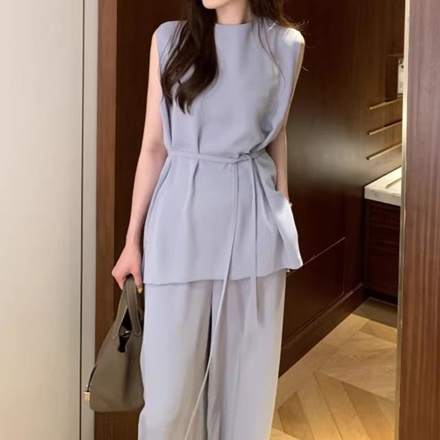 Coris-Set Sleeveless Round Neck Plain Sashed Blouse High Rise Wide Leg Pants