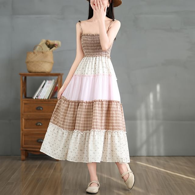 Catamin - Spaghetti Strap Plaid Floral Print Tiered Shirred Midi A-Line  Dress | YesStyle