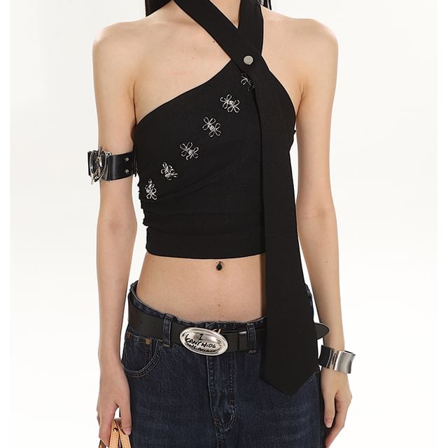 AXEN-Halter Neck Buckled Cropped Camisole Top