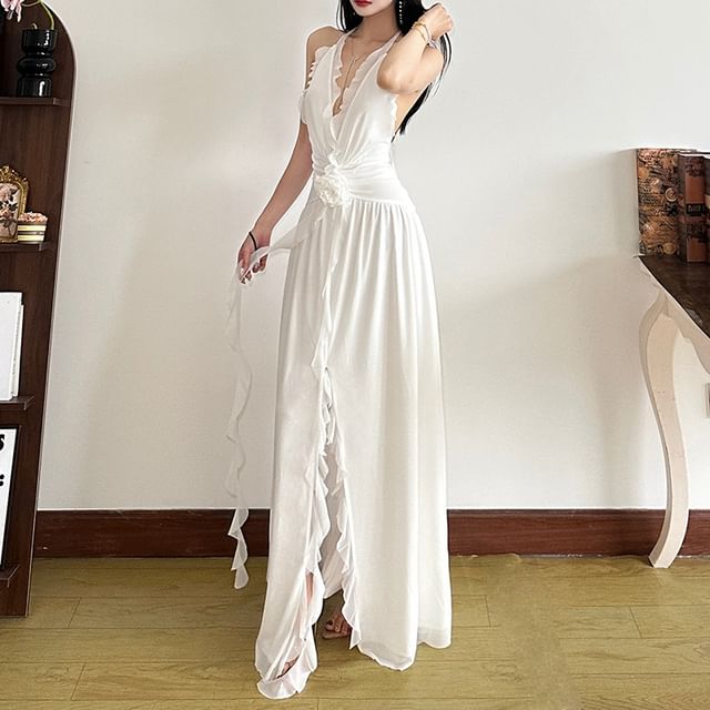 Sugarcoat-Sleeveless Halter Neck Plain Ruffled-Trim Open-Back Slim-Fit Slit Maxi Bodycon Dress
