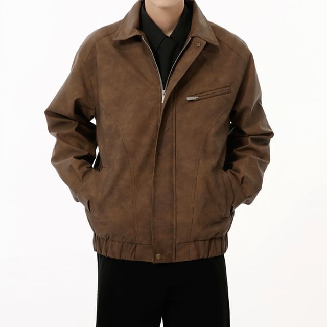 FAERIS-Collared Zip-Up Faux Leather Jacket