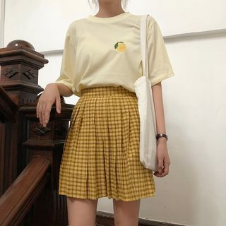 AININI Embroidered Short-Sleeve T-Shirt / Pleated Plaid Skirt | YesStyle