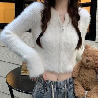 Odestra-Notch Neck Plain Fluffy Crop Zip Cardigan
