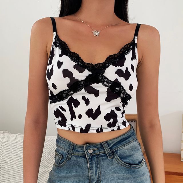 Installation lade som om Diktere Honet - Lace Trim Cow Print Cropped Camisole Top | YesStyle