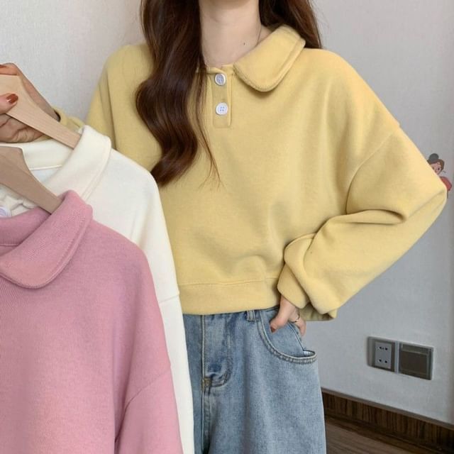 CRIBI-Peter Pan Collar Plain Crop Sweatshirt