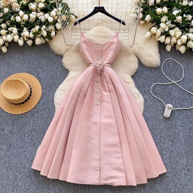Lucuna-Spaghetti Strap Scoop Neck Plain Button Down Pleated A-Line Midi Dress