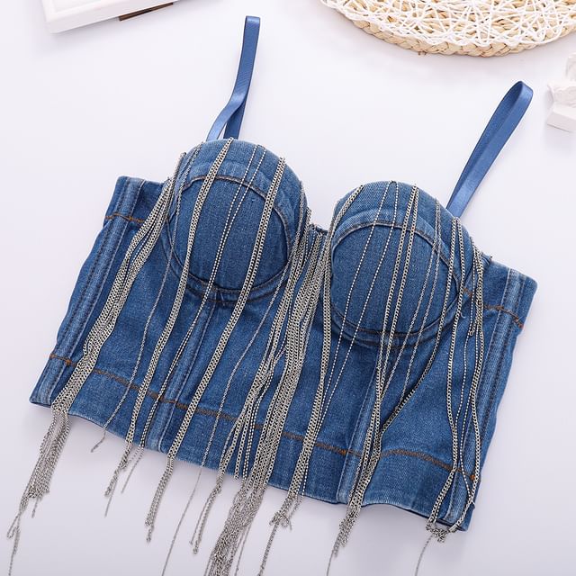 Doowex-Washed Chain Detail Denim Bustier Top