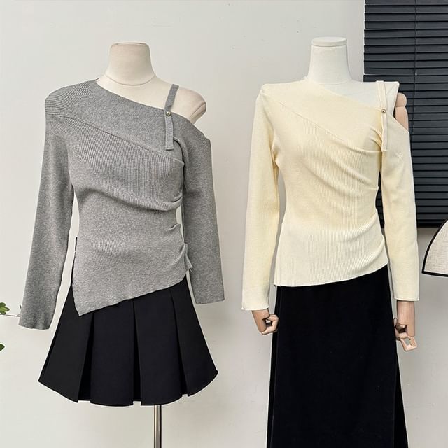 Lemongrass-Asymmetrical One-Shoulder Ruched Knit Top