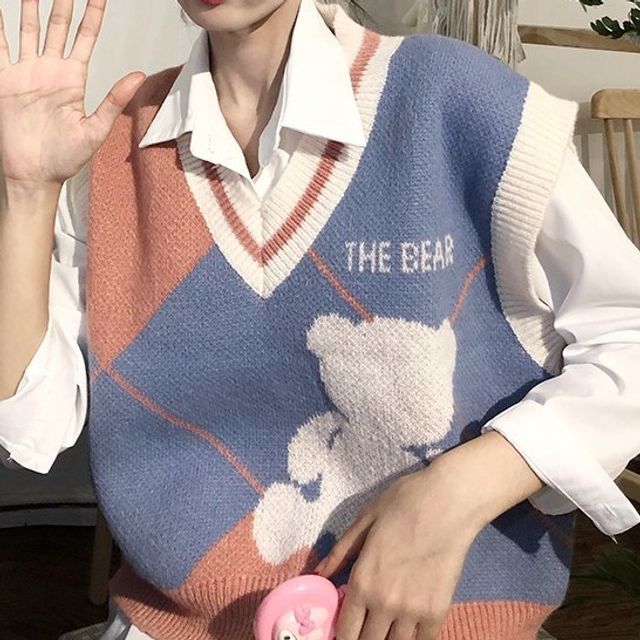 Shinsei - Bear Print Crop Sweater Vest 