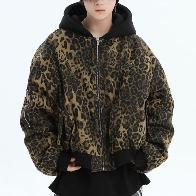 INStudio-Leopard Print Zip-Up Hoodie