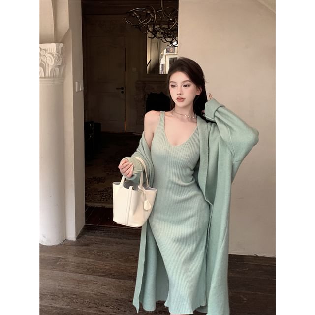 BlossomBunny - Set: Sleeveless V-Neck Plain Ribbed Midi Sheath Knit Dress + Open Front Long Cardigan | YesStyle BlossomBunny - Set: Sleeveless V-Neck Plain Ribbed Midi Sheath Knit Dress + Open Front Long Cardigan | YesStyle