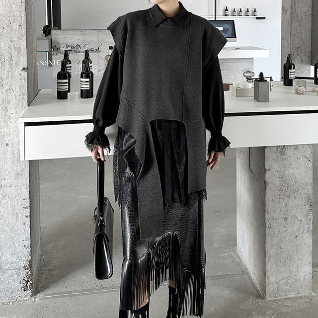KUMI-Round Neck Plain Asymmetrical Sweater Vest