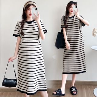 Rosy Street Maternity Short-Sleeve Crew Neck Striped Midi T-Shirt Dress (Various Designs) Sale