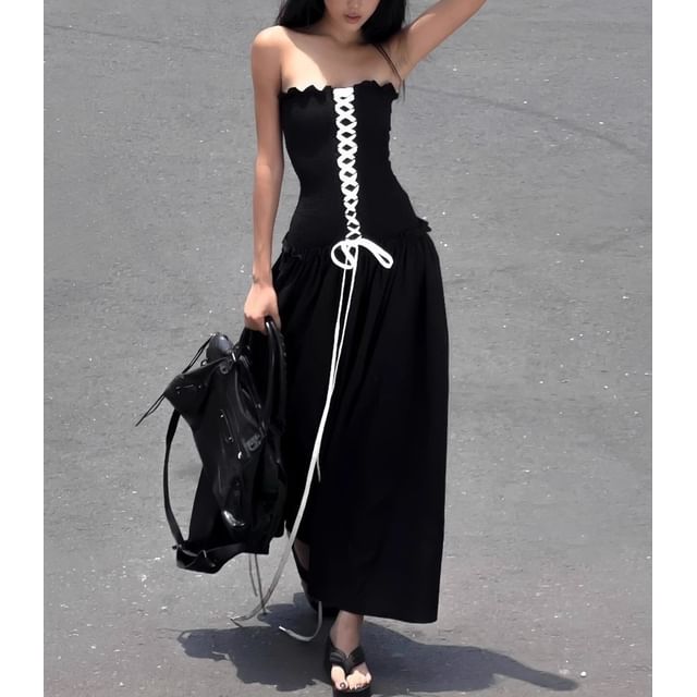 LINSI - Two Tone Lace-Up Midi A-Line Tube Dress | YesStyle