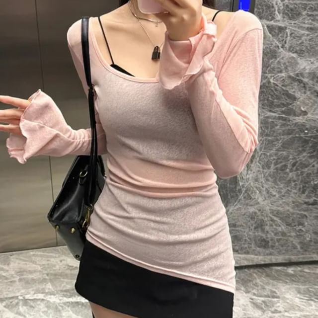 Essere-Long-Sleeve Scoop Neck Plain Tee