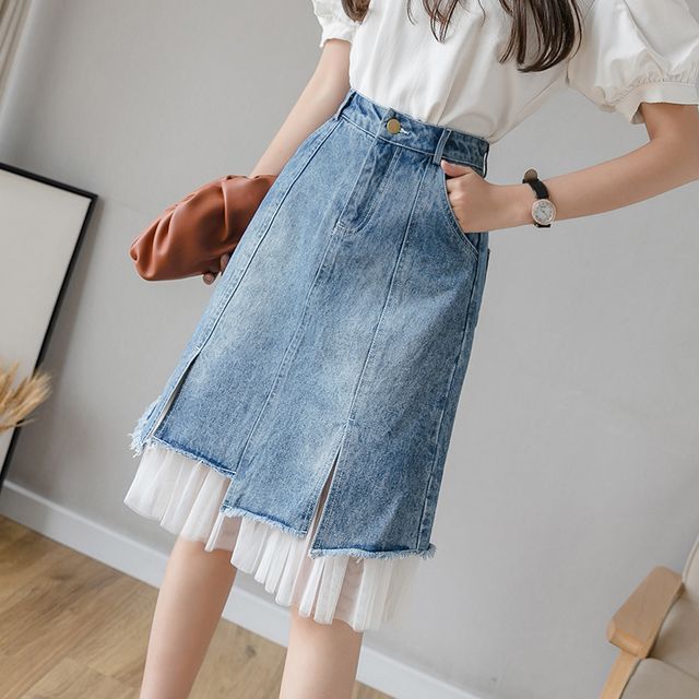 Juuri-Mesh Panel Denim Skirt