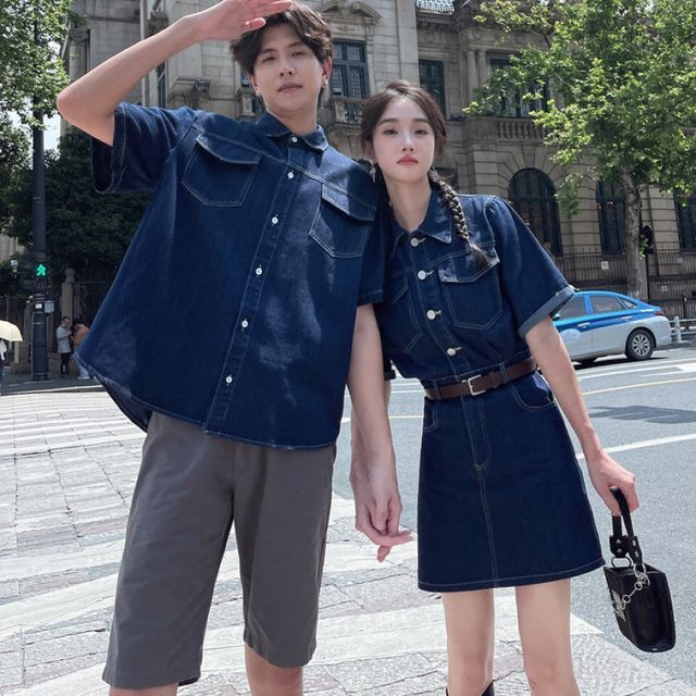 Azure Couple Matching Short-Sleeve Denim Shirt Pants Mini