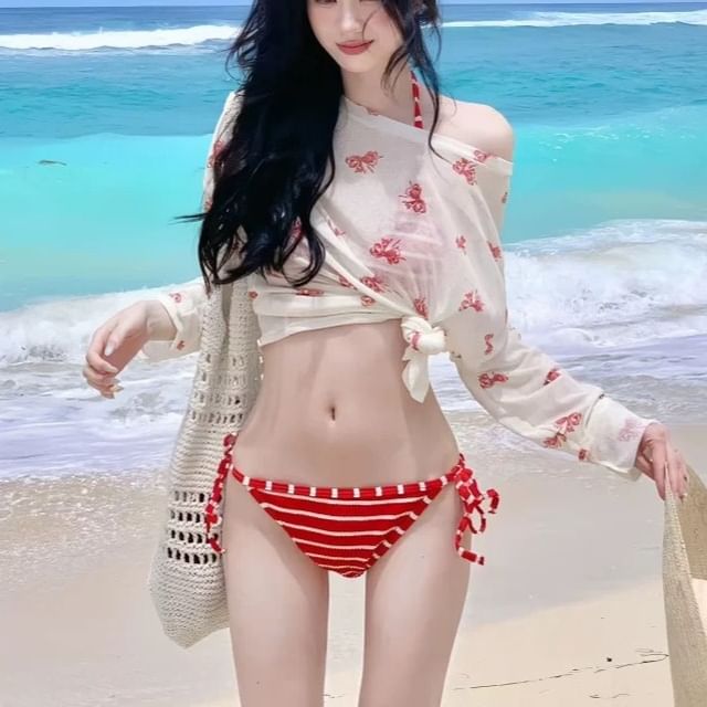 OGAWA-Halter Neck Striped bikini Top Bottom Cover-Up Top Set