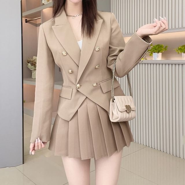 Woohan-Peak Lapel Plain Double-Breasted Blazer