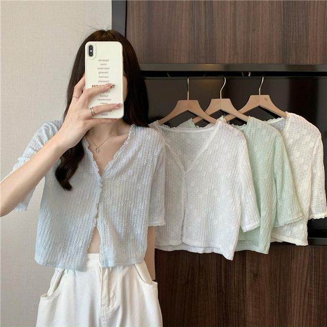 Essere-Short-Sleeve V-Neck Lace Cardigan