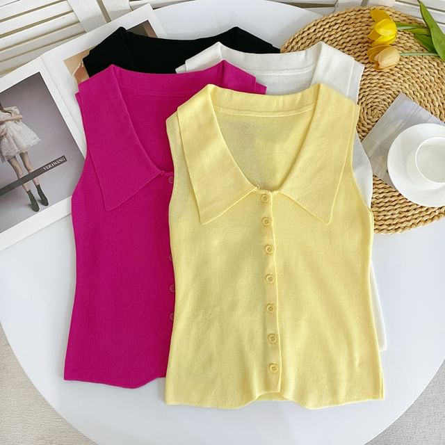Iasia-Sleeveless Plain Collared Button-Up Knit Top