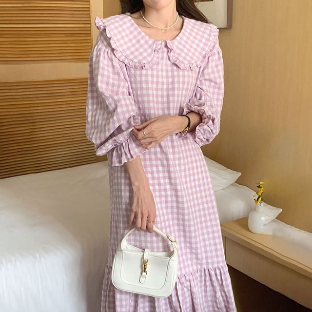 plaid maxi dress long sleeve Brown with square neckline Tied Sheer Plaid Wool Maxi Dress