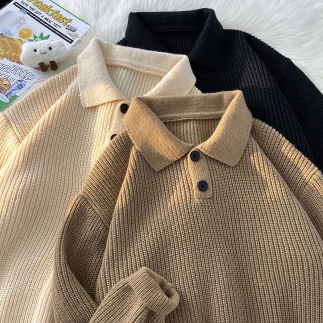Savenne-Collared Plain Ribbed Knit Sweater